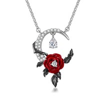 Moon Necklace For Her With Gothic Red Lacquered Rose Adorned Engagement Pendent  - £143.77 GBP