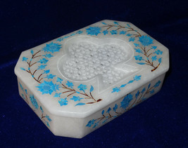 6&quot;x4&quot;x1.5&quot; White Marble Jewellry Box Turquoise Marquetry Filigree Inlay Gifts - £150.02 GBP