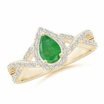 ANGARA Twist Shank Pear Emerald Ring with Diamond Halo for Women in 14K Gold - £878.58 GBP
