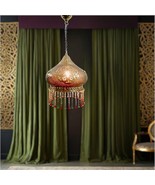 B107 Handmade Brass Moroccan Chandelier – Beaded Jeweled Hanging Pendant... - $83.22