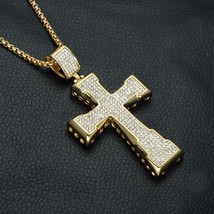 Bling Iced Out Crystal Cross Pendant Necklace Gold Color Stainless Steel - £20.90 GBP
