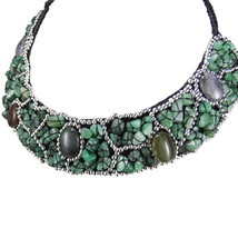 Mosaic Green Oval Agate Accents Indian Jade Aventurine Bib Necklace - £31.01 GBP