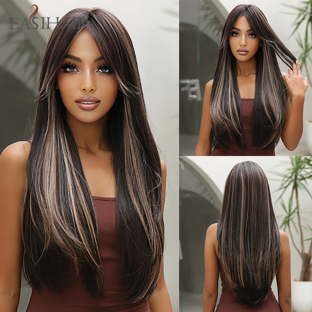 EASIHAIR Long Straight Brown Highlight Blonde Synthetic Wigs with Bangs f - £22.39 GBP+