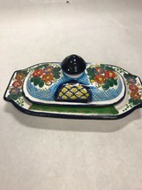 Vintage Butter dish lid Arle Cruz Mexico  ceramic hand painted 7.5 pottery - £39.56 GBP