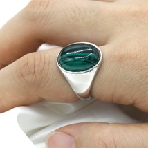 Real925 Sterling Silver Men Ring with Natural Malachite Stone Rings Oval Green G - £54.00 GBP