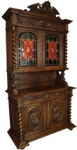 Antique Cabinet Hunting Renaissance Lions Red Green Stained Glass Green Oak - £3,815.93 GBP