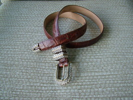 Pre-Loved Brighton Dark Tan Leather Moc Croc Belt with Two-Tone Hardware... - $18.00