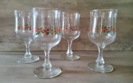 4 Vintage Libbey Christmas Holly Berry 6.75&quot; Pedistal Wine/Water Goblets... - $23.03