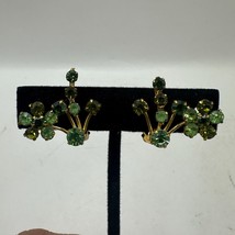 Vintage Gold Tone &amp; Green Rhinestone Clip-On Earrings Made In Austria - $18.50