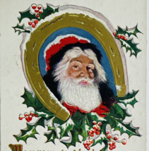 Santa Claus with Black Fur Trim Gold Horseshoe Holly Antique Christmas P... - £7.37 GBP
