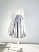 Sliver Satin Pleated Midi Skirt Outfit Women Plus Size Pleated Midi Party Skirt image 4