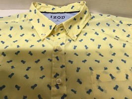 IZOD Men&#39;s XL Shirt Yellow with Blue Pineapple Button Down collar short sleeves - £10.85 GBP