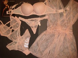 Victoria&#39;s Secret 34C Bra Set+Thong+Teddy+Robe Scandalous Pink Peach Nude Lace - £189.91 GBP