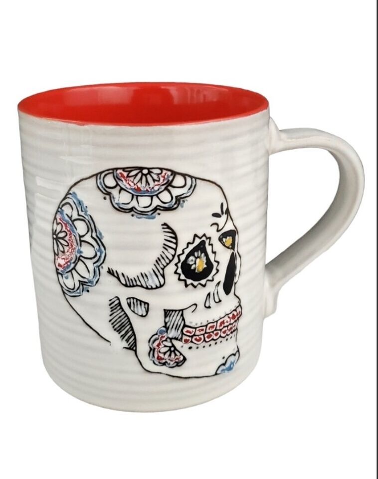 Day Of The Dead  Ceramic Skull Coffee Mug Textured and Red Interior 4" tall Item image 6