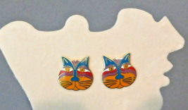 Vintage Laurel Burch Mythical Cat Cloisonne Enamel Pierced Earrings Euvc - £27.64 GBP