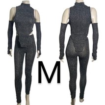 Black Metallic 2 Piece Blouse &amp; Leggings Going Out Set~Size M - £32.06 GBP