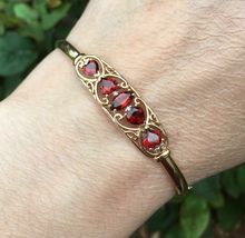 Vintage 14K Yellow Gold Over Garnet &amp; Diamond Heart Theme Bangle Bracelet 5.20ct - £135.44 GBP