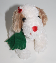 Hallmark Dog 4&quot; Mini Red Bow White Chenille Plush Beige Ears Xmas Scarf Soft Toy - £12.84 GBP