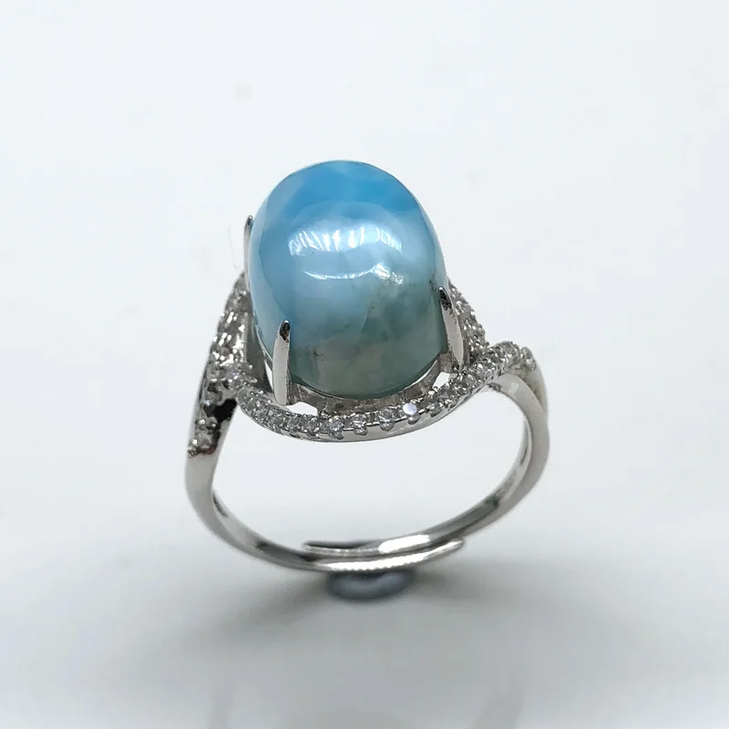 natural oval 10*14mm 6.5ct gemstone larimar rings 925 sterling silver ring fine  - £71.77 GBP