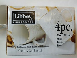 Libbey Dinnerware Set of 4 Mugs Cups White Gold Band Fruit Garland Coffee Tea - £15.58 GBP