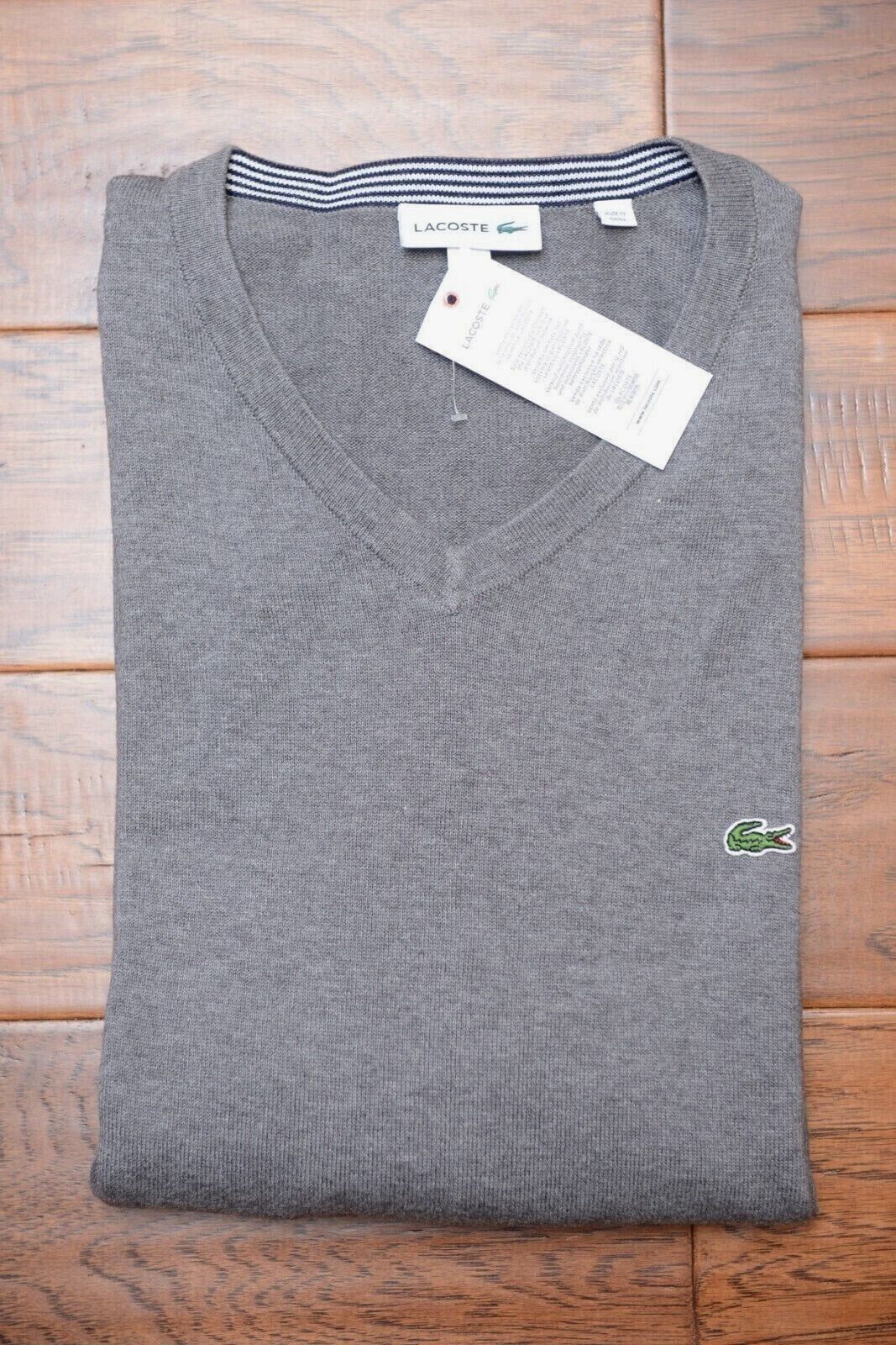Primary image for Lacoste AH7003 Men's V Neck Med Gray Tight-Knit Cotton Sweater 3XL EU 8
