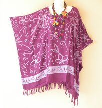 KB466 Purple Floral Batik Women Kaftan Poncho Tunic Women Blouse Top upt... - $24.90