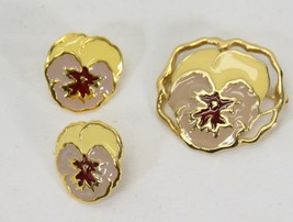 Avon Pansy Pin and Pierced Earring Set Purple Yellow - $17.63