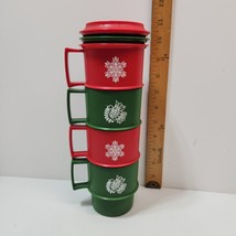 Set 4 Vintage Tupperware Christmas Holiday Cup Mugs Red Green w/ 3 Coasters - £17.01 GBP