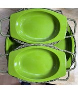 4 Vintage Green Enamel Plates With Rattan Trays Hong Kong Dynasty Ware - $58.80