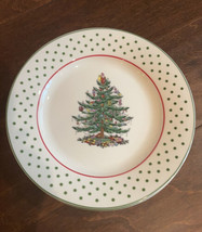 2 Spode Christmas Tree With Ornaments Salad  plates Green Polka dot Rim New - $34.90