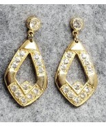 Vintage Gold Tone Crystal Clear Rhinestones Dangle Pierced Earrings - $11.99