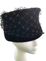 Vintage Women&#39;s Pill Box Hat Black Velour with Face Netting One Size Union Made - £23.32 GBP