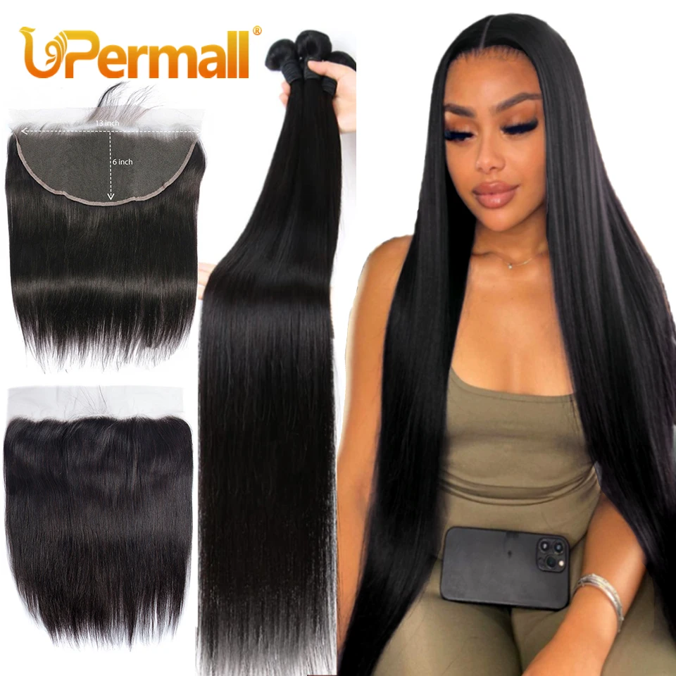 Upermall 2/3/4 Remy Straight Human Hair Bundles With Frontal 13x6 Brazilian - £113.95 GBP+