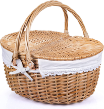 Wicker Picnic Basket with Lid and Handle Sturdy Woven Body with Washable Lining - £47.28 GBP