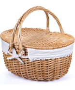 Wicker Picnic Basket with Lid and Handle Sturdy Woven Body with Washable... - £47.04 GBP