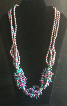 Seed Bead Necklace Purple Turquoise Blue Gold Handmade Triple Strand Twisted 80s - £10.82 GBP
