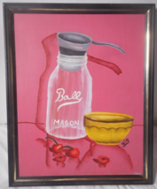 Hand Painted Wood Wall Plaque Mason Jar Yellow Bowl Cherries 1970&#39;s Meta... - £7.72 GBP