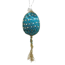 Vintage Robins Egg Blue Bejeweled Crystal Silver Metallic Mesh Xmas Ornament - £17.40 GBP