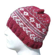 Men&#39;s Alpaca Fair Isle Wool Beanie Hat Hand Knit Red Winter Nordic Women&#39;s - £36.69 GBP