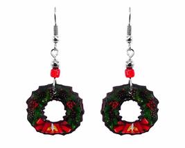 Christmas Wreath Xmas Themed Graphic Dangle Earrings - Womens Fashion Handmade J - £11.83 GBP
