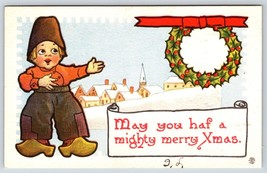 Postcard May You Haf A Merry Christmas Dutch Kid With Wreath &amp; Town Scene - £3.52 GBP