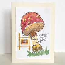 Mushroom Colors of Fall Blank Greeting Card Original Handmade Watercolor Collage - £10.35 GBP