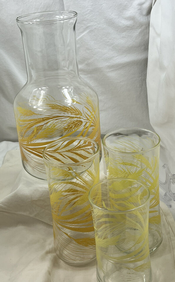 Vintage Mid-Century Libbey Golden Wheat Carafe w/ Three Glasses  - $22.42