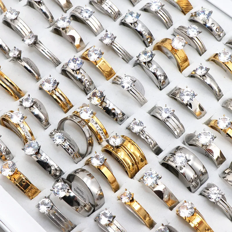 Wholesale 50Pcs/lot Mix Style Zircon Rhinestone Stainless Steel Rings Wedding Ri - £40.63 GBP