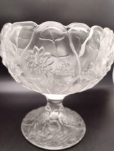 Fenton Lotus Flower Clear Satin Glass Stemmed Compote Candy Dish Lilly Pad  - $22.71