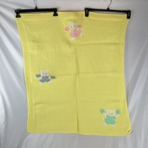 Crochet Baby Blanket With Cats Yellow With Buttons 36” X 30” Handmade - £14.75 GBP