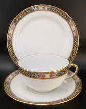 J Pouyat Limoges French Dinnerware Porcelain Tea Cup Saucer Band Pink Roses Trio - £11.89 GBP