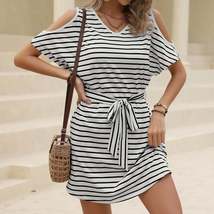 Spring Summer V neck off Shoulder Casual T shirt Dress Striped Dress - £20.63 GBP