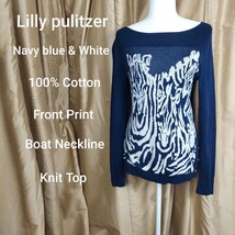 Lilly Pulitzer Navy Blue &amp; White Print Light Weight Knit Top Size M - £22.12 GBP