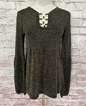August Silk Womens M Elegant Sweater Black Gold Metallic Shimmer Bell Sleeve - £21.10 GBP